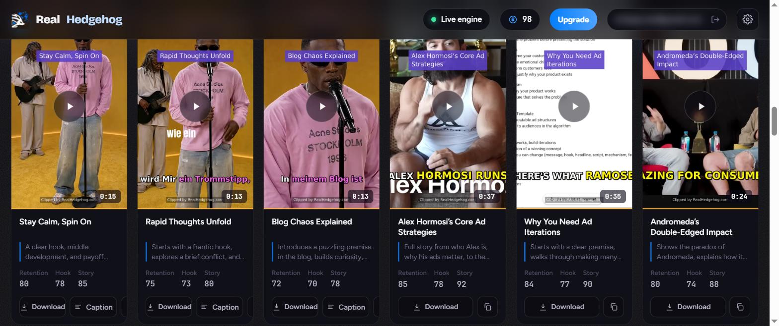 The RealHedgehog clip library: real vertical clips with virality scores, story-arc labels, per-clip retention, hook and story sub-scores, and download buttons.